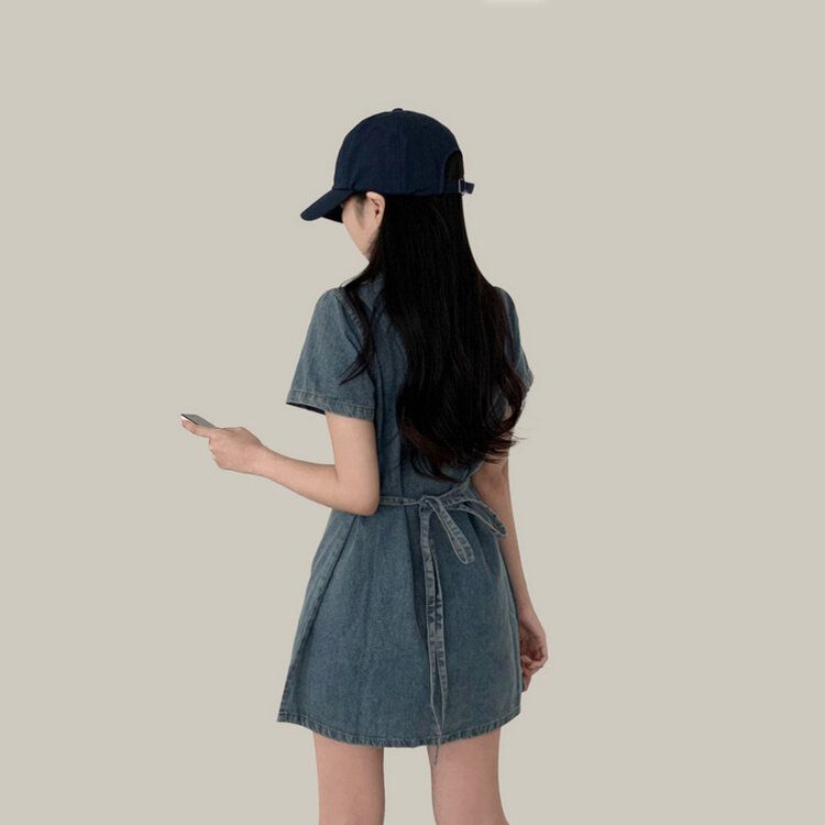 【SHORT/LONG 丈別】リボンデニム半袖ミニワンピース LIGHT BLUE