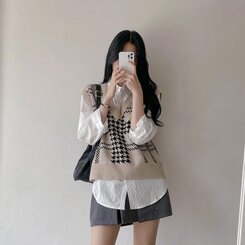 Sienne ベスト　韓国 チェックレイヤードニットベスト｜ベスト｜韓国ファッション通販