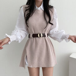 ★ChicLine★ マインド シャツニットベルトワンピース SOP2808 [SET]長袖シャツ＋ニットワンピース＋ベルト ワンピース