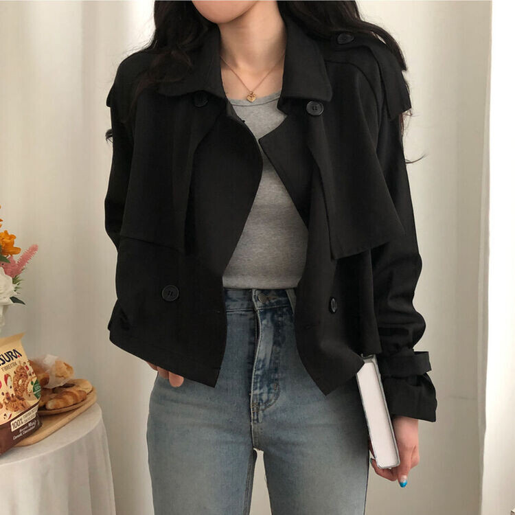 풀 디테일 크롭 트렌치 자켓 블랙