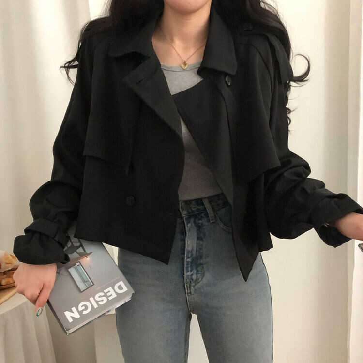 풀 디테일 크롭 트렌치 자켓 블랙