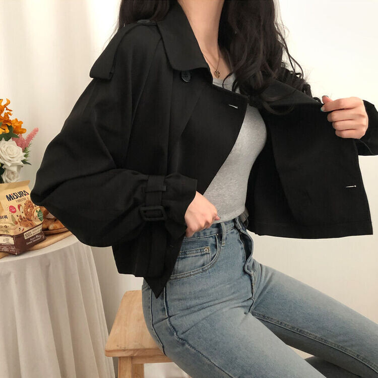 풀 디테일 크롭 트렌치 자켓 블랙