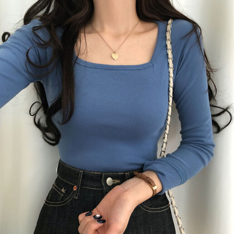 スクエアネック半クロップ長袖Tシャツ5色｜長袖Tシャツ｜韓国