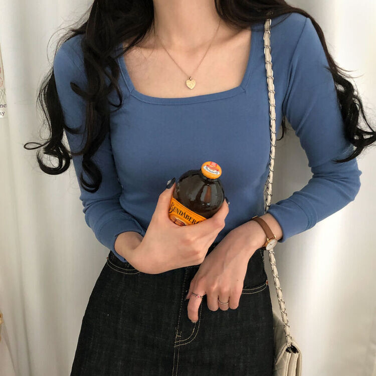 スクエアネック半クロップ長袖Tシャツ5色｜長袖Tシャツ｜韓国