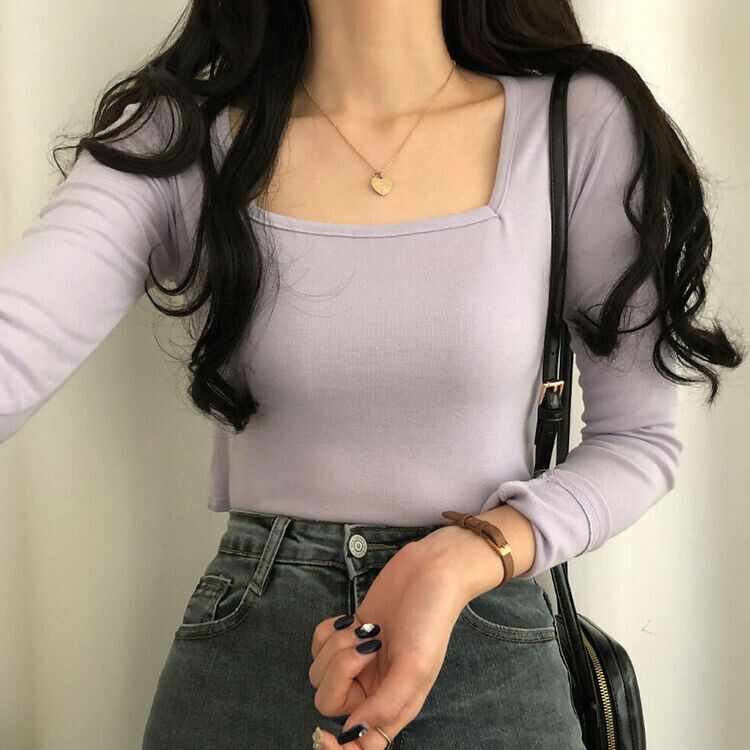 スクエアネック半クロップ長袖Tシャツ5色｜長袖Tシャツ｜韓国