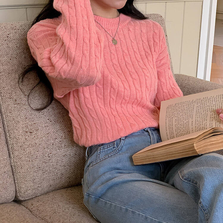 [캐시미어]7days 매일 입는 15컬러 꽈배기 라운드 니트 라이트핑크