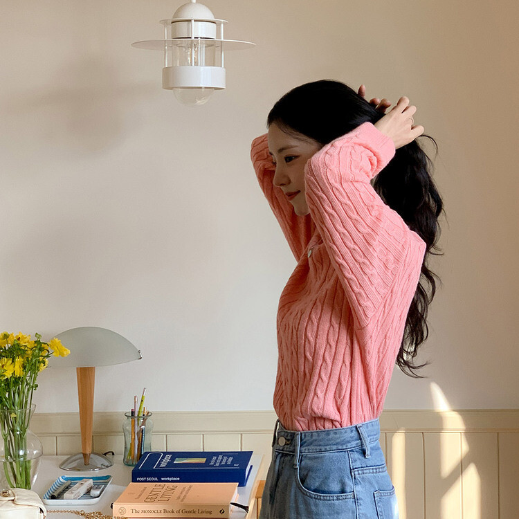 [캐시미어]7days 매일 입는 15컬러 꽈배기 라운드 니트 라이트핑크