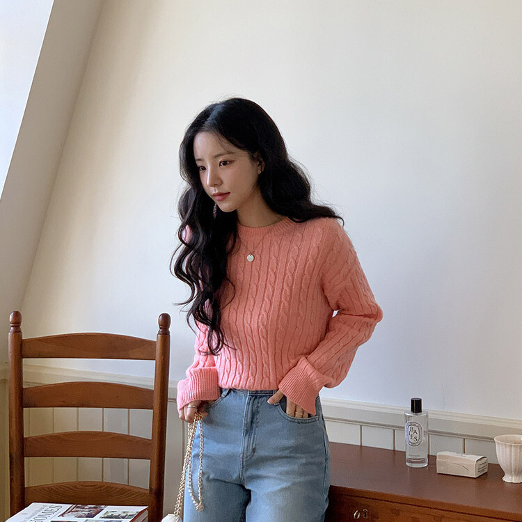 [캐시미어]7days 매일 입는 15컬러 꽈배기 라운드 니트 라이트핑크