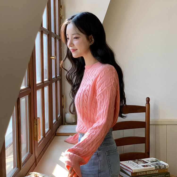 [캐시미어]7days 매일 입는 15컬러 꽈배기 라운드 니트 라이트핑크