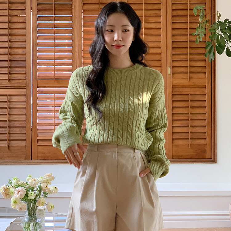 [캐시미어]7days 매일 입는 15컬러 꽈배기 라운드 니트 그린