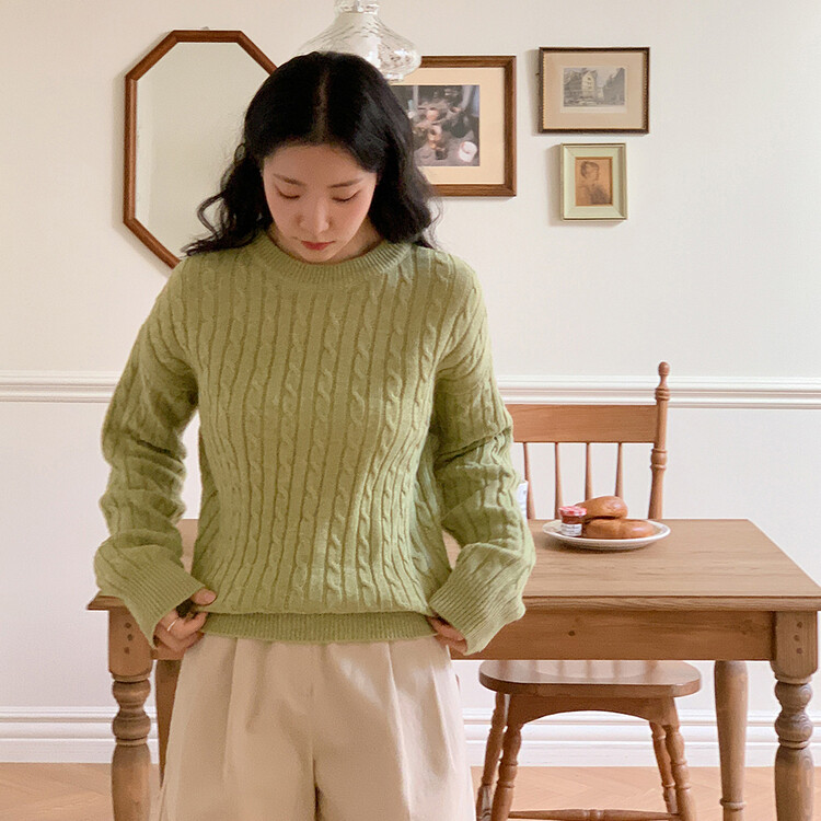 [캐시미어]7days 매일 입는 15컬러 꽈배기 라운드 니트 그린