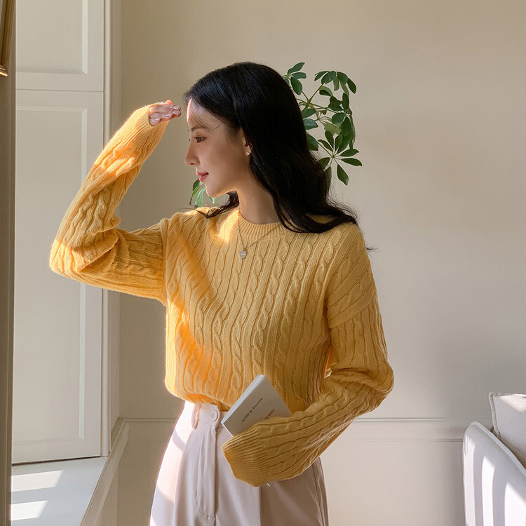 [캐시미어]7days 매일 입는 15컬러 꽈배기 라운드 니트 옐로우
