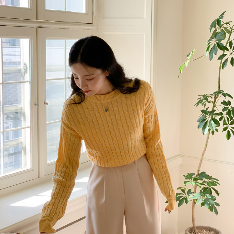 [캐시미어]7days 매일 입는 15컬러 꽈배기 라운드 니트 옐로우