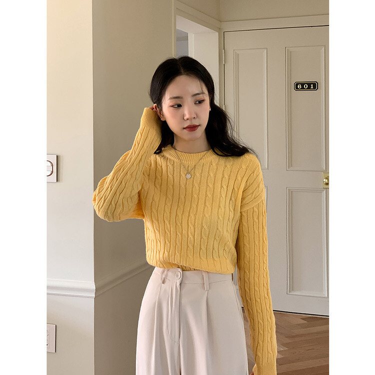 [캐시미어]7days 매일 입는 15컬러 꽈배기 라운드 니트 옐로우