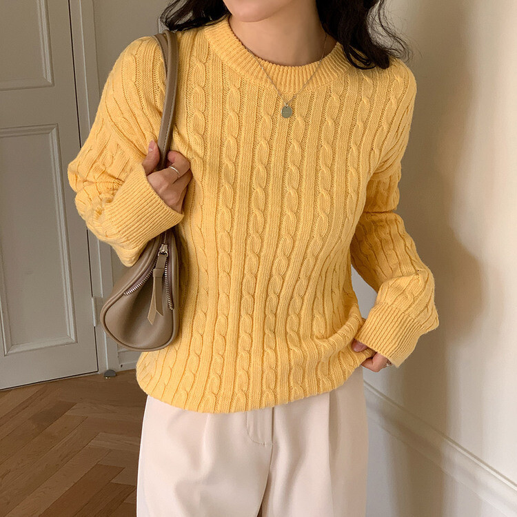 [캐시미어]7days 매일 입는 15컬러 꽈배기 라운드 니트 옐로우