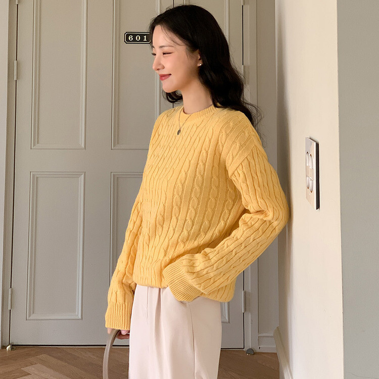 [캐시미어]7days 매일 입는 15컬러 꽈배기 라운드 니트 옐로우