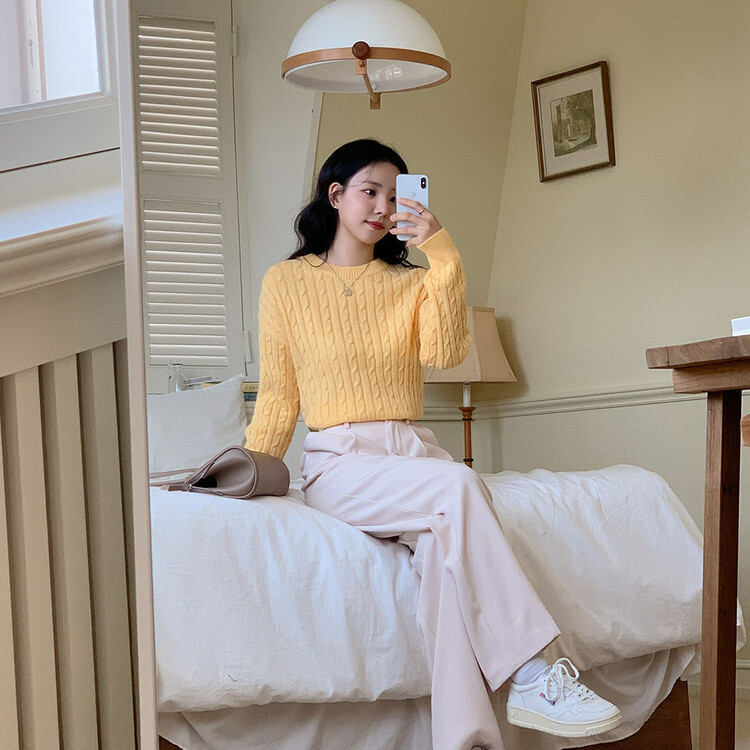 [캐시미어]7days 매일 입는 15컬러 꽈배기 라운드 니트 옐로우