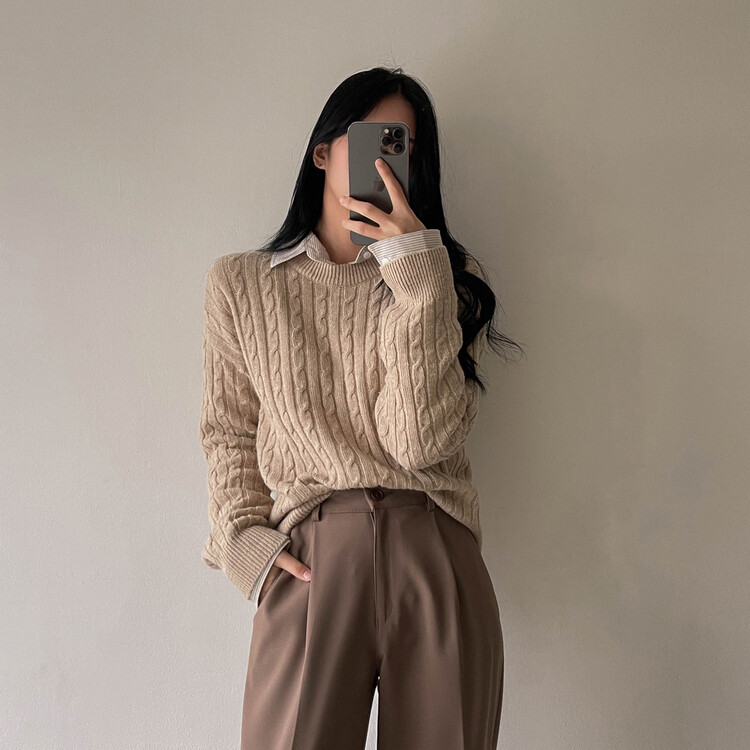 [캐시미어]7days 매일 입는 15컬러 꽈배기 라운드 니트 린넨베이지