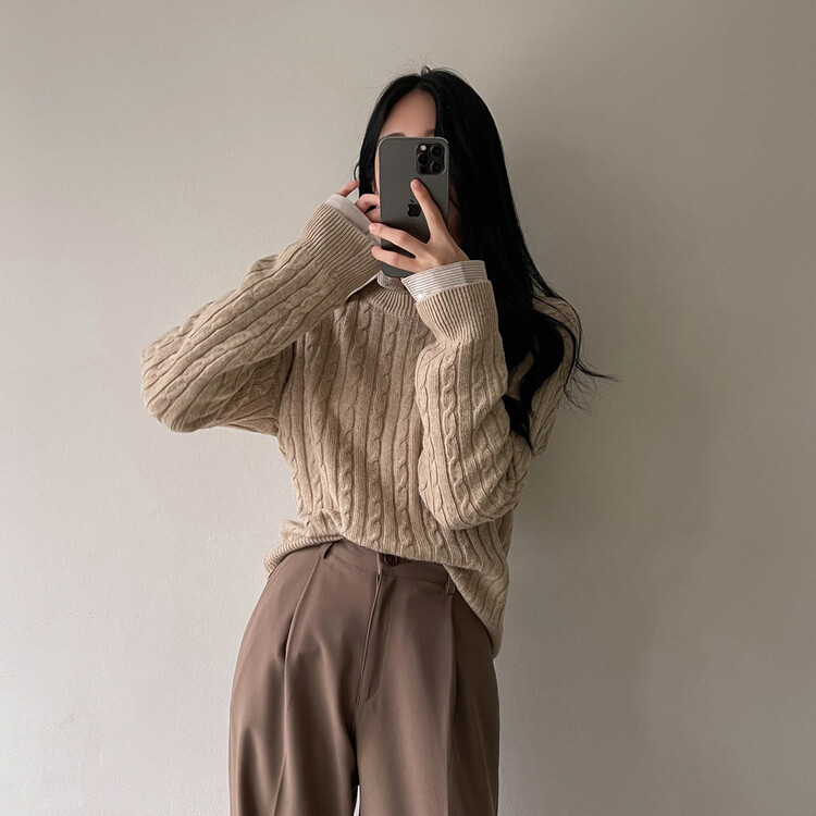 [캐시미어]7days 매일 입는 15컬러 꽈배기 라운드 니트 린넨베이지