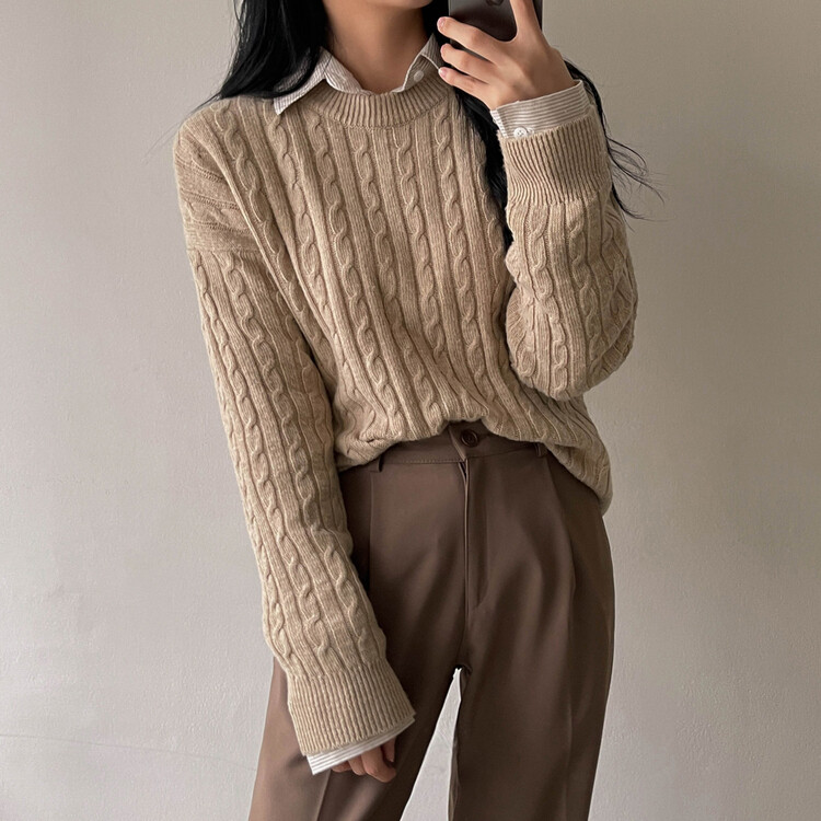 [캐시미어]7days 매일 입는 15컬러 꽈배기 라운드 니트 린넨베이지