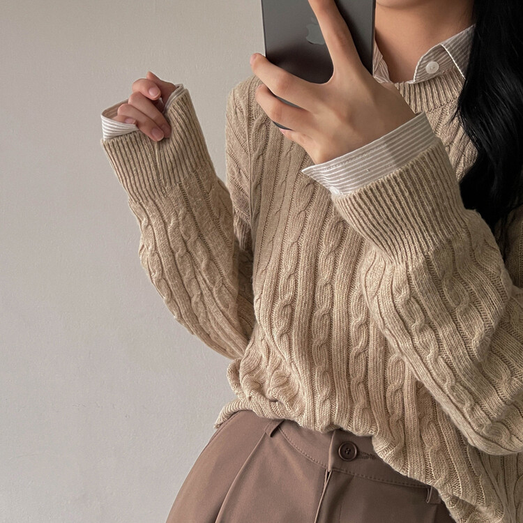 [캐시미어]7days 매일 입는 15컬러 꽈배기 라운드 니트 린넨베이지