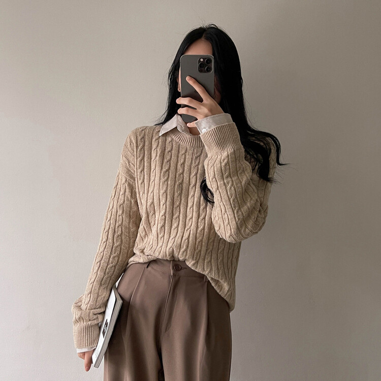 [캐시미어]7days 매일 입는 15컬러 꽈배기 라운드 니트 린넨베이지