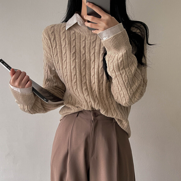 [캐시미어]7days 매일 입는 15컬러 꽈배기 라운드 니트 린넨베이지