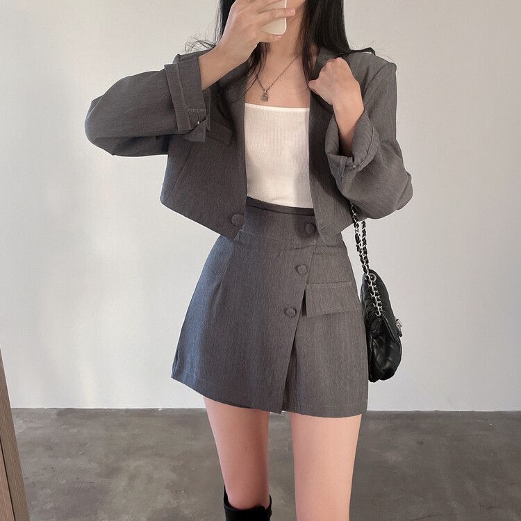 [SET]クロップジャケット＋スカートパンツ グレー