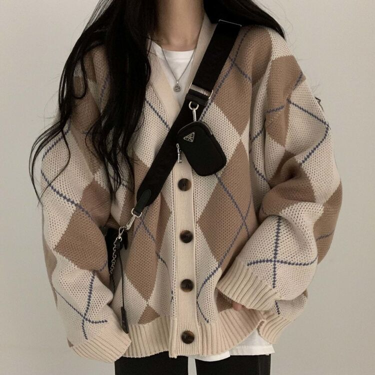 GAP アーガイルカーディガン完売品 ボリュームWジャガードニットアーガイル柄ルーズカーディガン