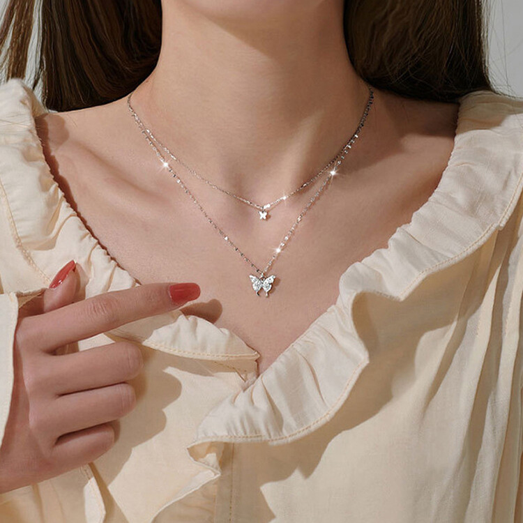 2連バタフライレイヤードネックレス シルバー