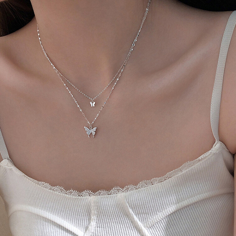 2連バタフライレイヤードネックレス シルバー