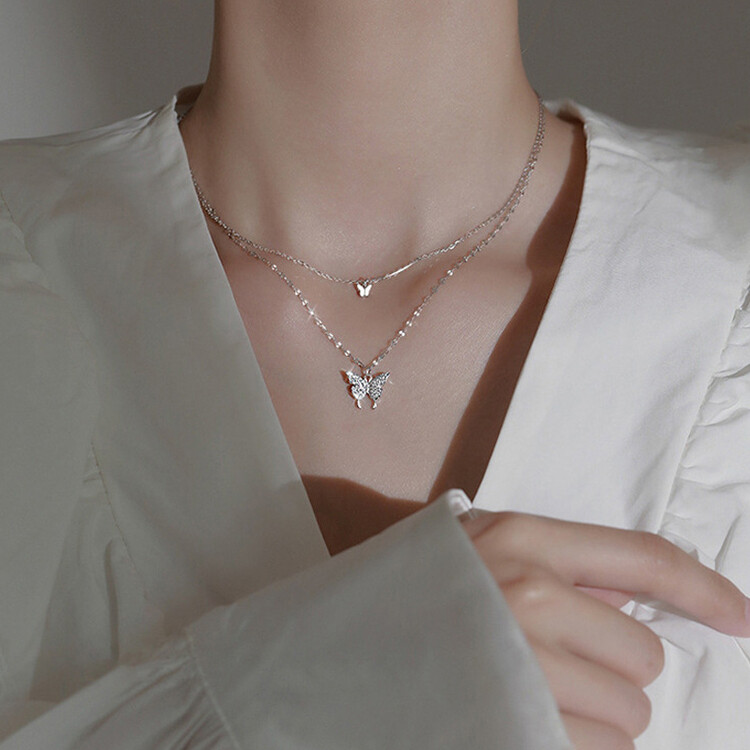 2連バタフライレイヤードネックレス シルバー