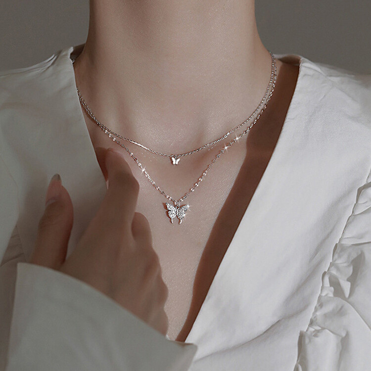 2連バタフライレイヤードネックレス シルバー