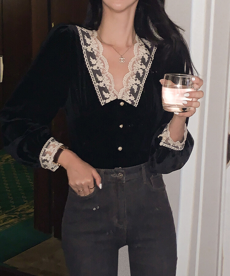 レースベルベットブラウス BLACK