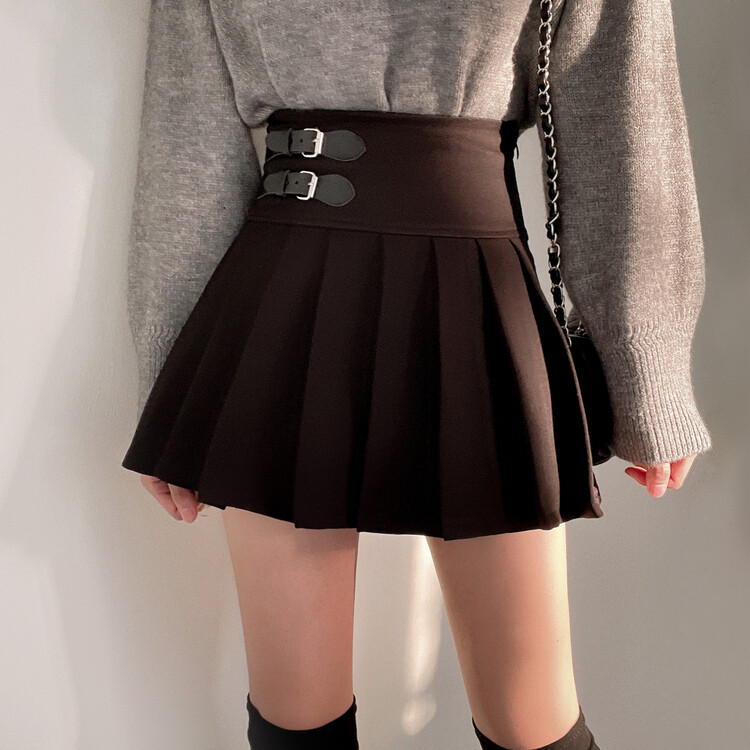 バックルプリーツミニスカート ブラック