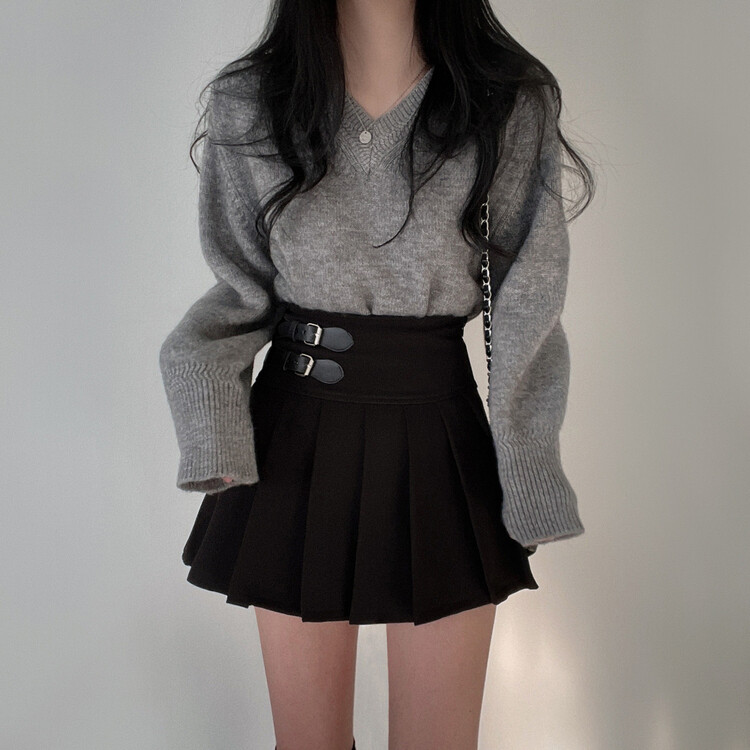 バックルプリーツミニスカート ブラック