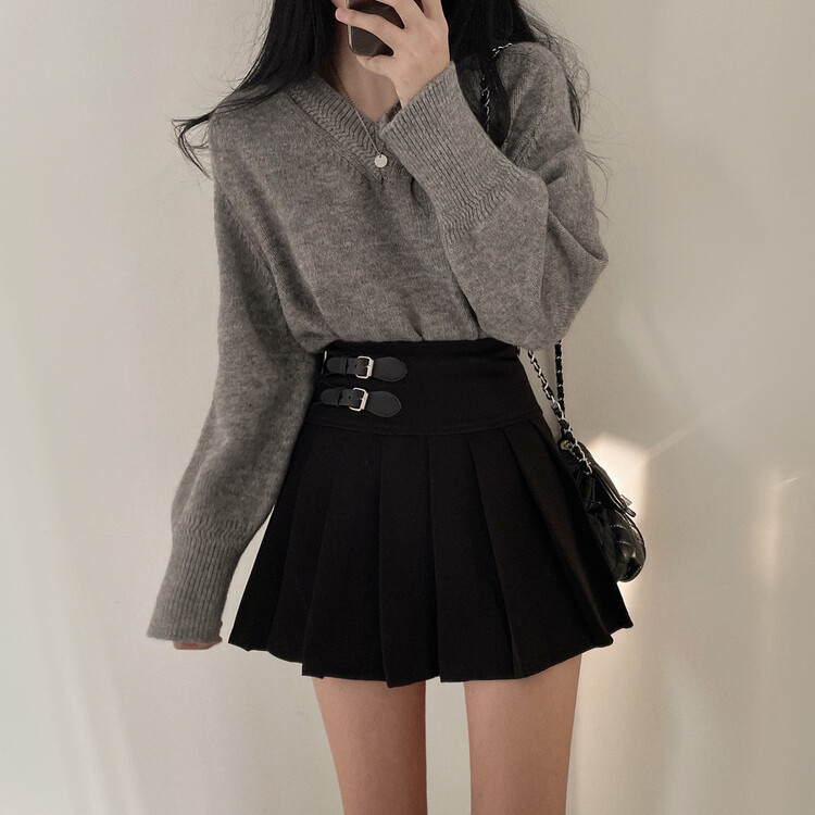 バックルプリーツミニスカート ブラック