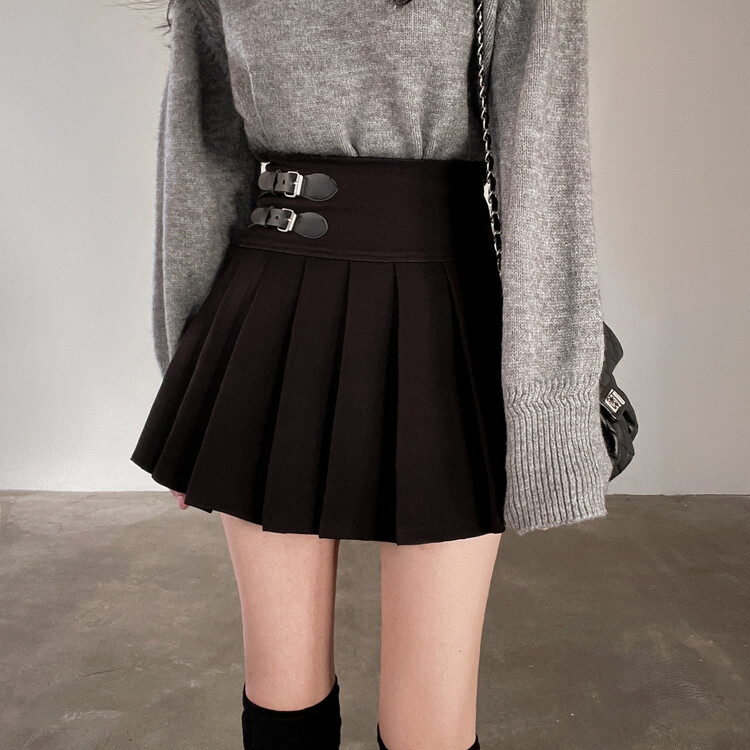 バックルプリーツミニスカート ブラック