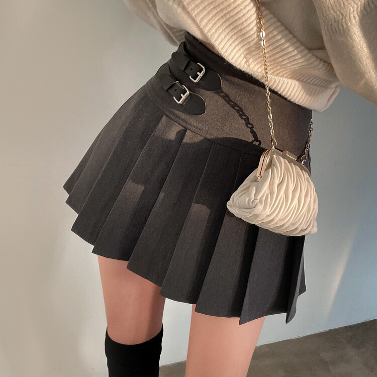バックルプリーツミニスカート グレー