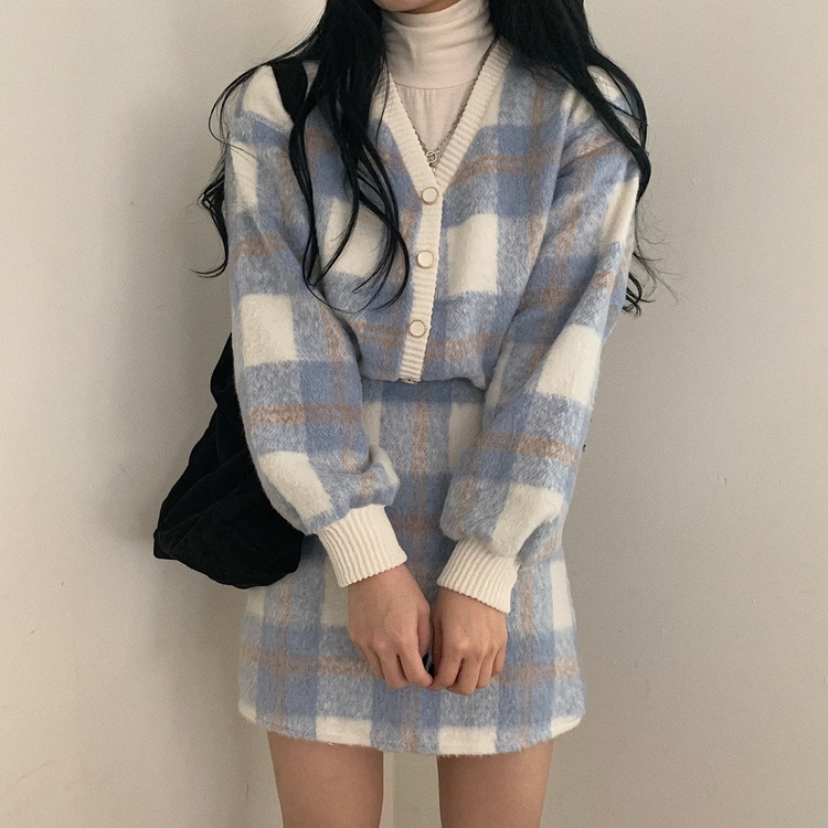 SONA | [SET]モヘアチェックカーディガン＋ミニスカート | 10代・20代女性ファッション韓国通販