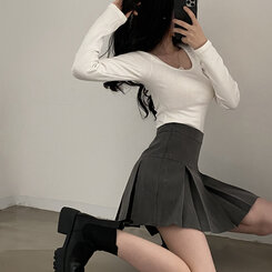 ミニスカート ハーフプリーツスカート グレー