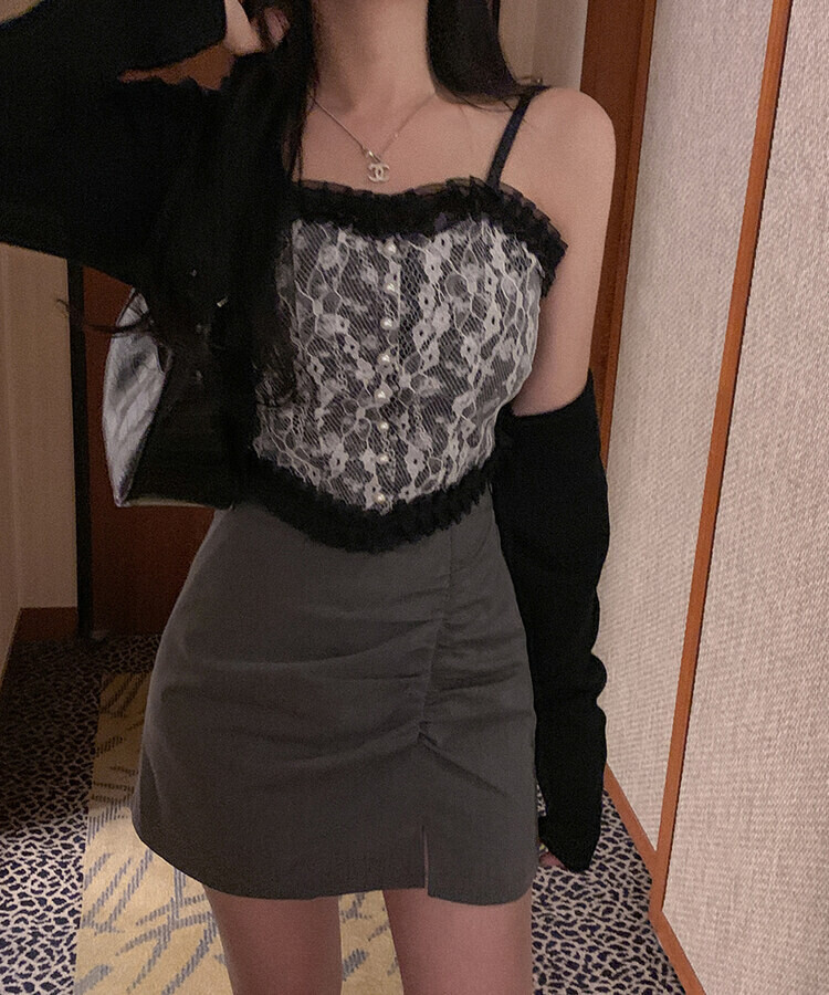 フラワーレースキャミソール(カップ付) BLACK