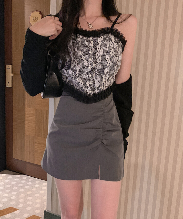 フラワーレースキャミソール(カップ付) BLACK