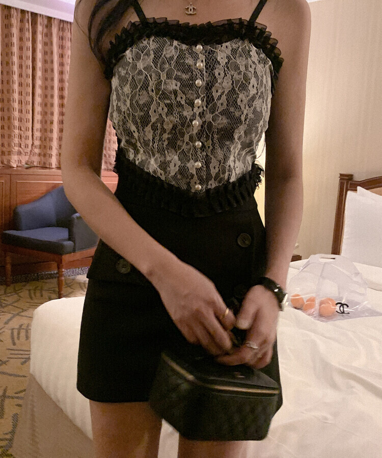 フラワーレースキャミソール(カップ付) BLACK