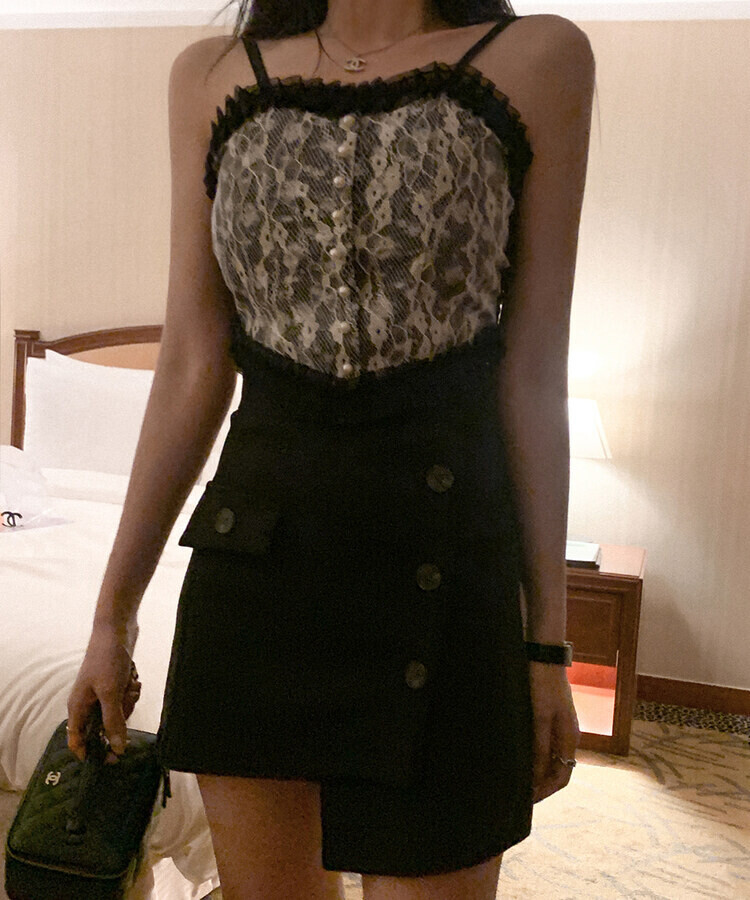 フラワーレースキャミソール(カップ付) BLACK