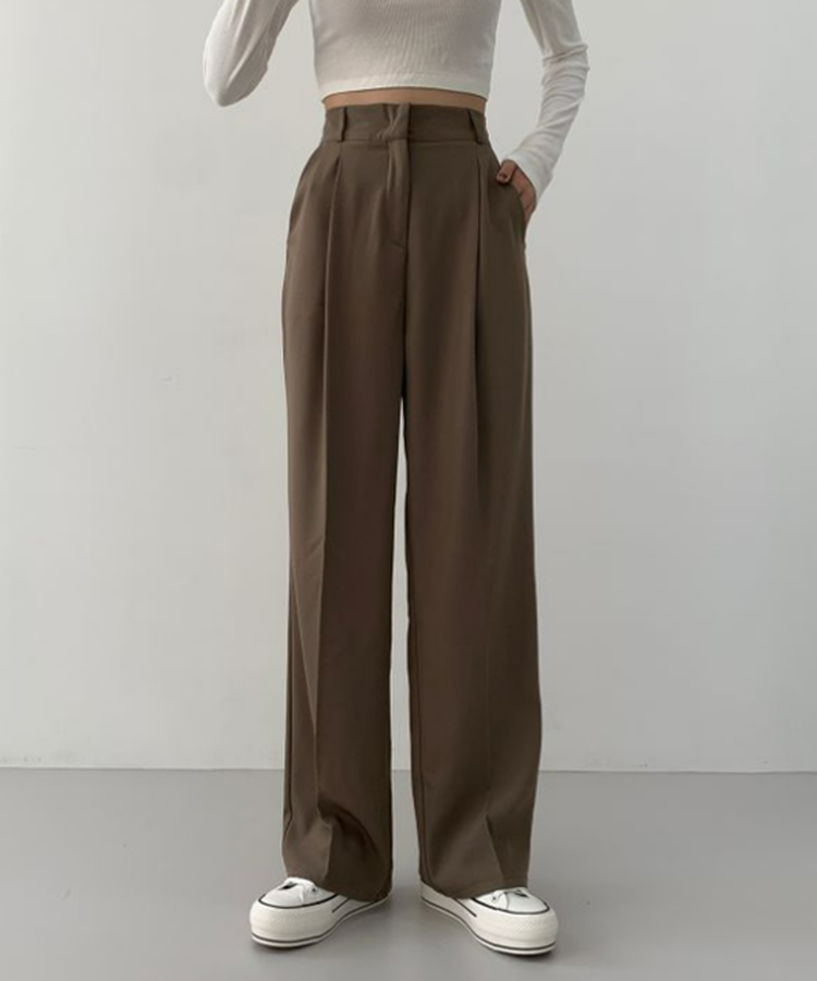 2XL뒷밴딩 안단추 클립 찰랑 핀턱 와이드 슬랙스팬츠 브라운(기본)