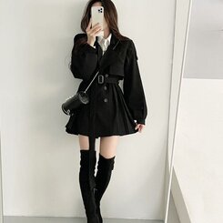 プリーツショートトレンチコート(ベルト付き) ブラック