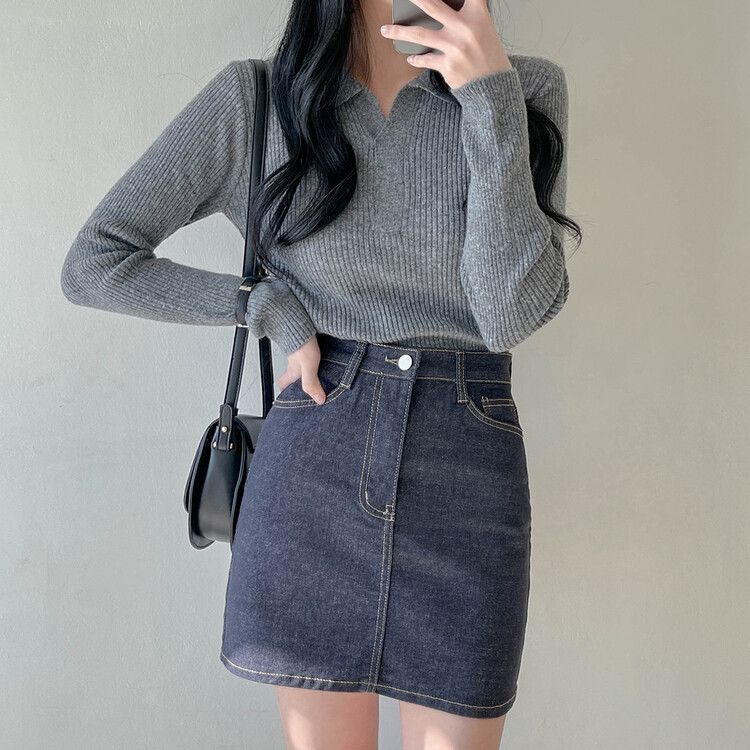 スキッパーネックリブニット GREY