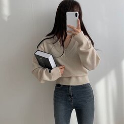 (ウール50%)Vネックウールクロップニット10色 LIGHT BEIGE