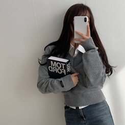 (ウール50%)Vネックウールクロップニット10色 GRAY